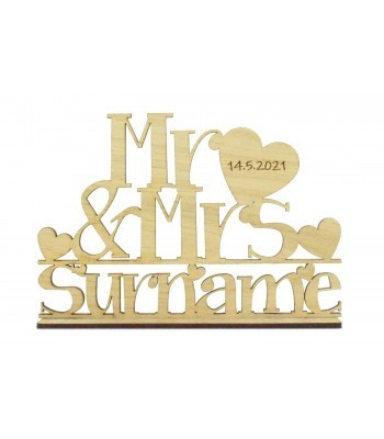 Laser Cut Oak Veneer Personalised 'Mr & Mrs' Wedding Sign on a stand - Large Mr & Mrs with Engraved Date on Heart Design